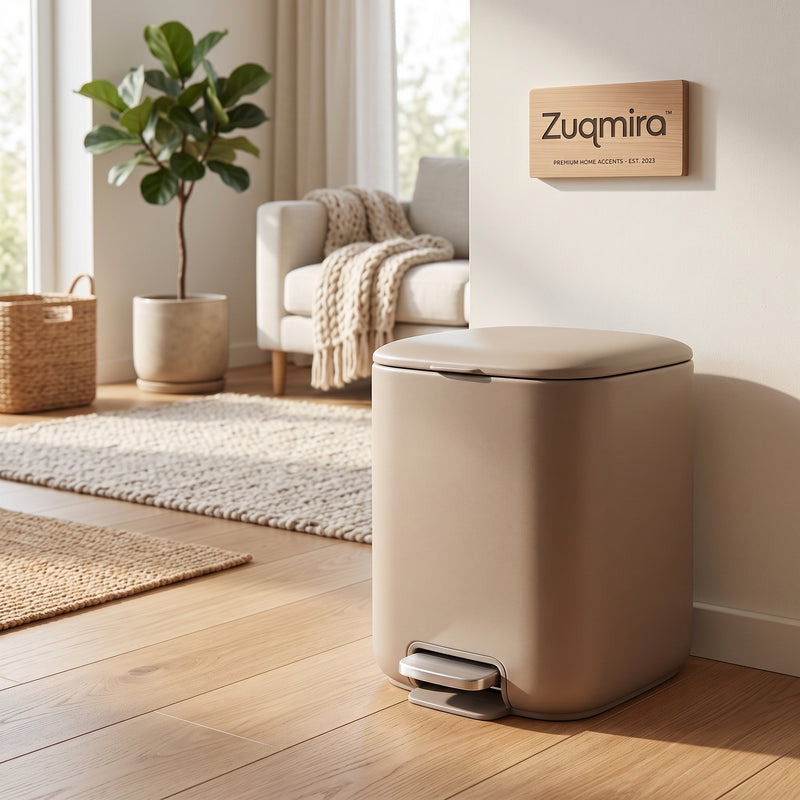 Zuqmira™ 2.6-Gallon (10L) Matte Soft-Close Step Trash Can with Foot Pedal – Odor-Control Modern Small Garbage Bin for Bathroom, Living Room &amp; Home Office (Warm Taupe)