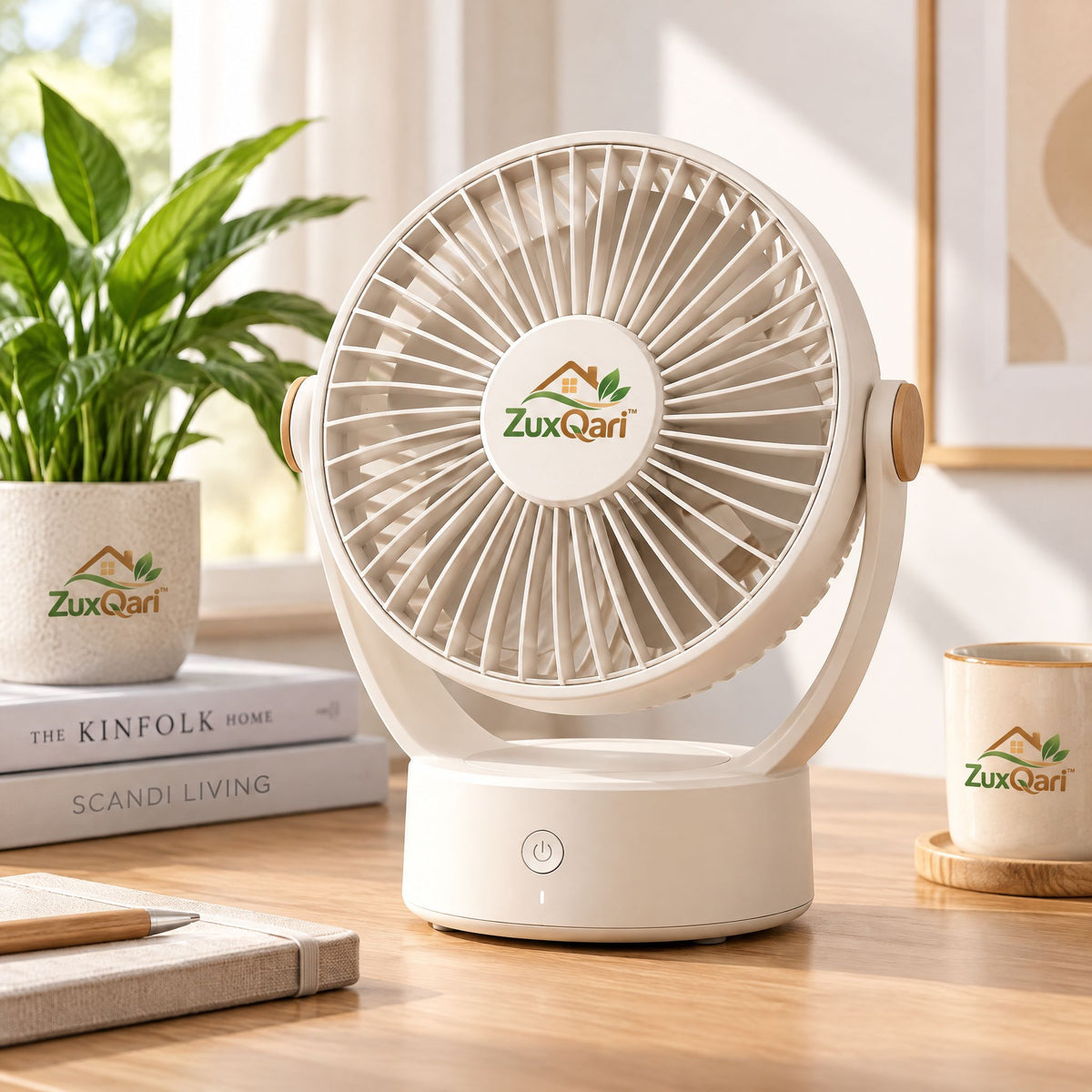 ZuxQari™ Aesthetic Compact Desk Fan – Quiet Personal Tabletop Air Circulator with Adjustable Tilt &amp; One-Touch Control for Home, Office, and Bedroom