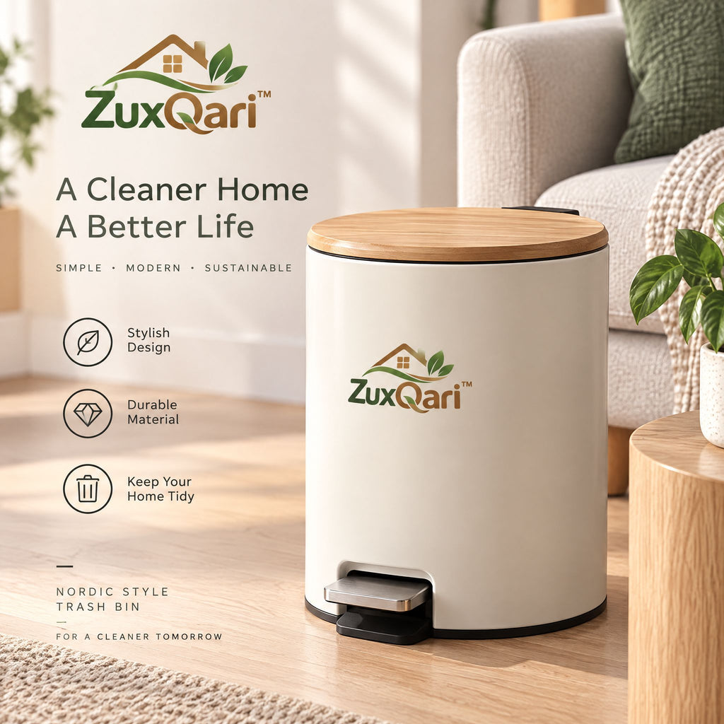 ZuxQari™ Nordic Style Step Trash Can with Natural Wood Lid – Modern Compact Hands-Free Garbage Bin for Bathroom, Bedroom, Living Room &amp; Office