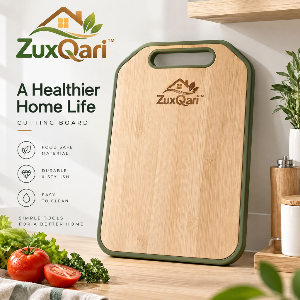ZuxQari™ Premium Bamboo Cutting Board with Non-Slip Grip Edge &amp; Built-In Handle – Food-Safe Wooden Chopping Board for Kitchen Meal Prep &amp; Serving