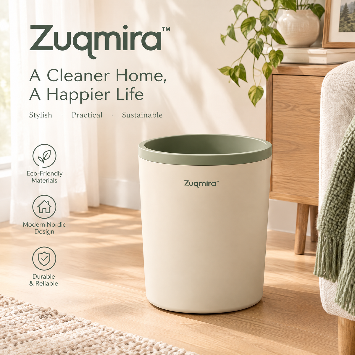 Zuqmira™ Modern Nordic Trash Can – Minimalist Round Wastebasket for Bathroom, Bedroom, Living Room &amp; Home Office (Cream &amp; Sage Green)