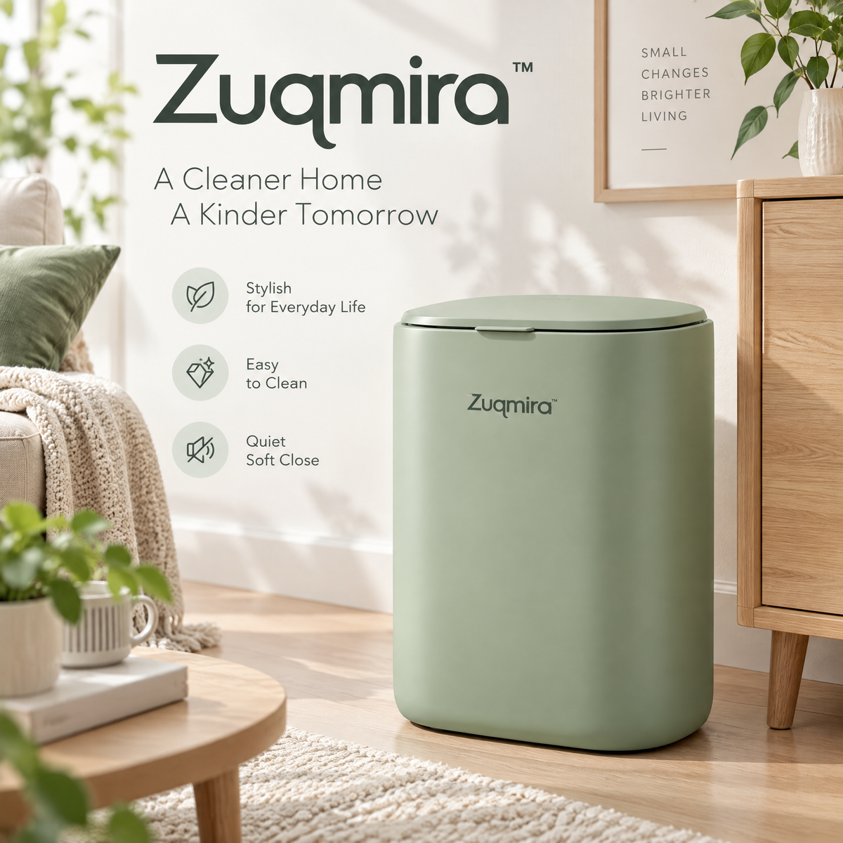 Zuqmira™ Soft-Close Trash Can – Modern Matte Sage Green Waste Bin with Silent Lid for Bedroom, Living Room, Bathroom &amp; Home Office