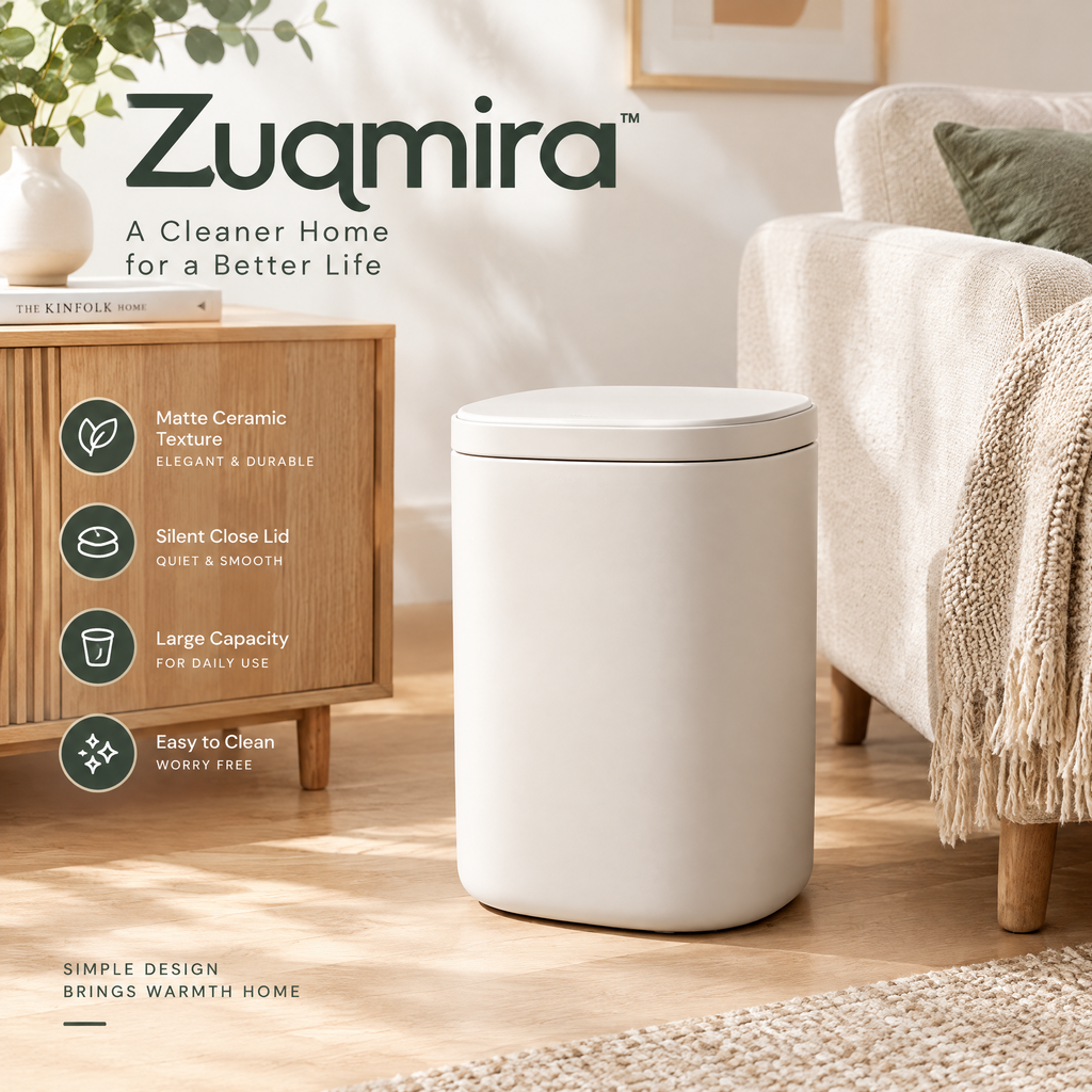 Zuqmira™ Modern Trash Can with Silent-Close Lid, Matte Texture Large Capacity Waste Basket for Living Room, Bedroom &amp; Office