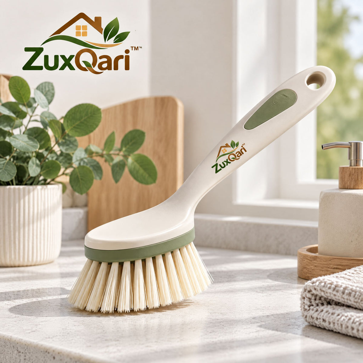ZuxQari™ Ergonomic Long-Handle Dish Scrub Brush with Non-Slip Grip &amp; Heavy-Duty Bristles for Pots, Pans, and Sinks