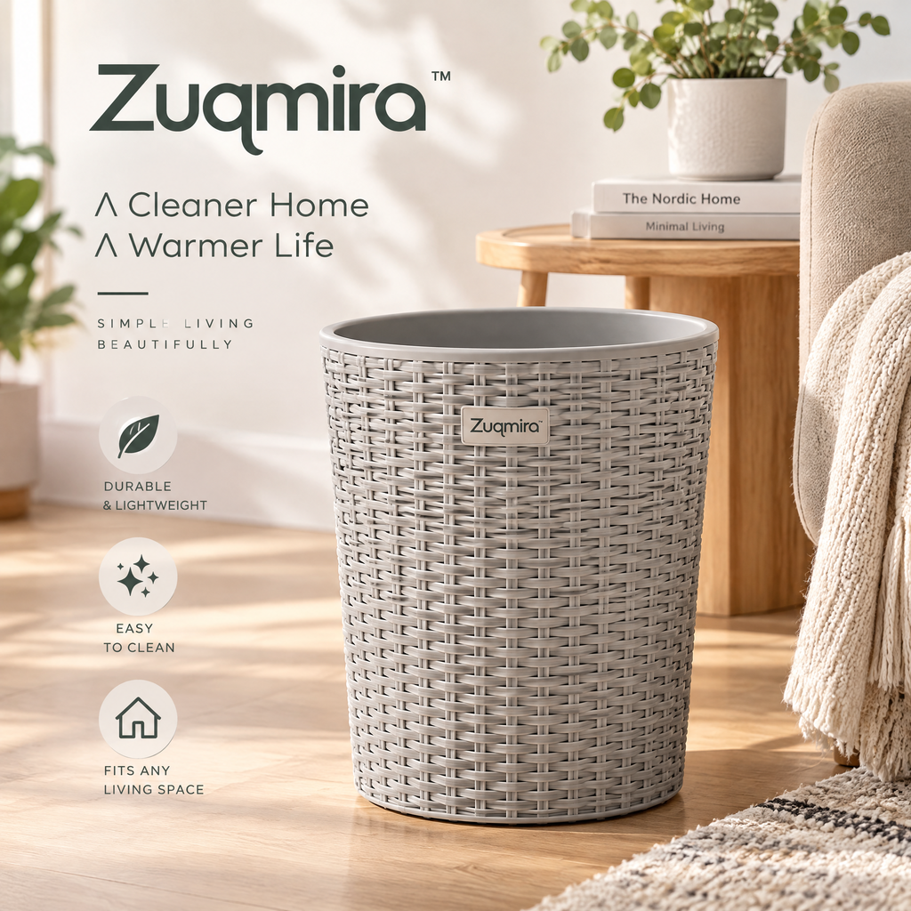 Zuqmira™ Modern Woven Style Plastic Wastebasket – Lightweight &amp; Easy-to-Clean Trash Can for Bathroom, Bedroom, and Home Office (Grey)