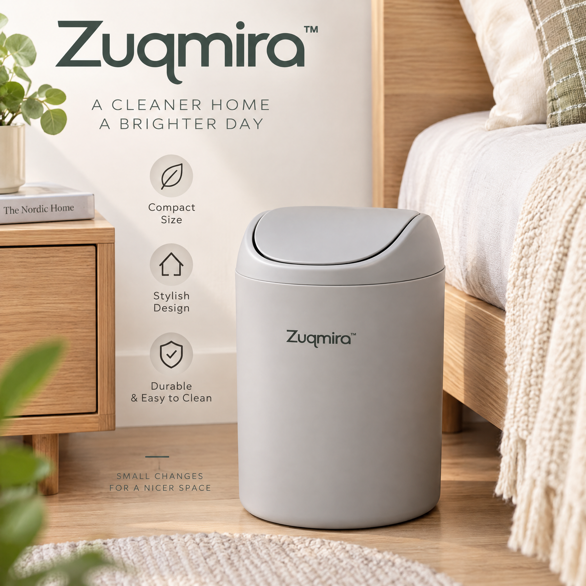 Zuqmira™ Compact Swing-Top Trash Can – Modern Small Wastebasket for Bedroom, Bathroom, Office &amp; Beside Nightstand (Matte Grey)