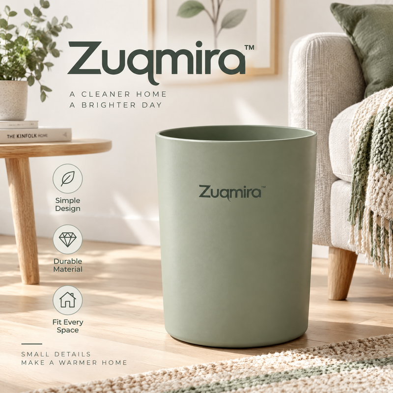 Zuqmira™ Modern Small Trash Can – Minimalist Matte Sage Green Open-Top Wastebasket for Bathroom, Bedroom, Living Room, and Home Office
