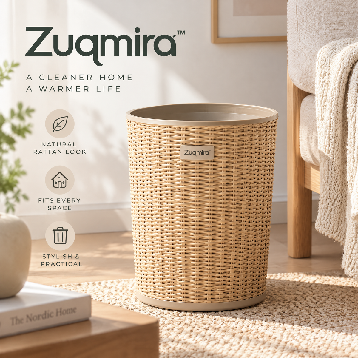 Zuqmira™ Round Woven Trash Can – Decorative Natural Rattan-Style Wastebasket for Living Room, Bedroom, Bathroom &amp; Office