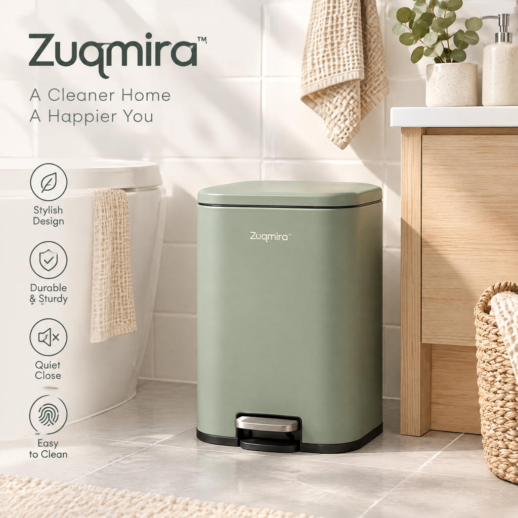 Zuqmira™ Small Step Trash Can with Soft-Close Lid, Matte Sage Green Rectangular Wastebasket with Foot Pedal for Bathroom, Bedroom, and Office