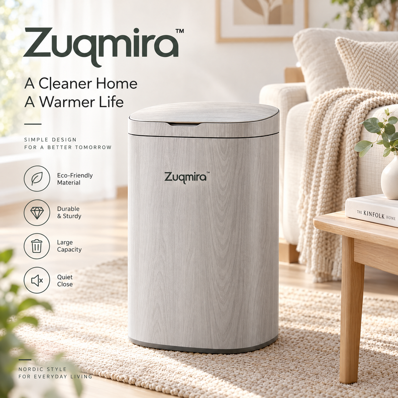 Zuqmira™ Modern Wood Grain Trash Can with Soft-Close Lid – Nordic Minimalist Large Capacity Garbage Can for Living Room, Bedroom &amp; Office