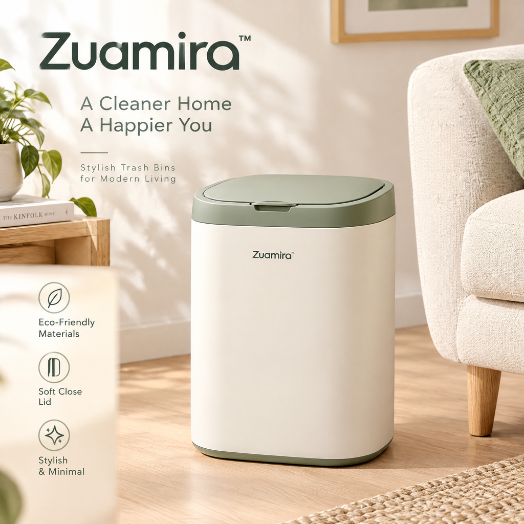 Zuqmira™  Modern Trash Can with Soft-Close Lid – Stylish Minimalist Waste Bin for Living Room, Bedroom &amp; Office (Sage Green &amp; Cream)