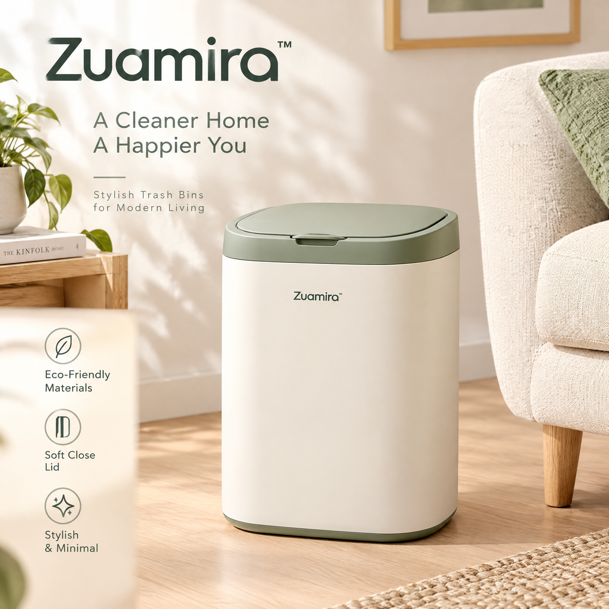 Zuqmira™  Modern Trash Can with Soft-Close Lid – Stylish Minimalist Waste Bin for Living Room, Bedroom &amp; Office (Sage Green &amp; Cream)