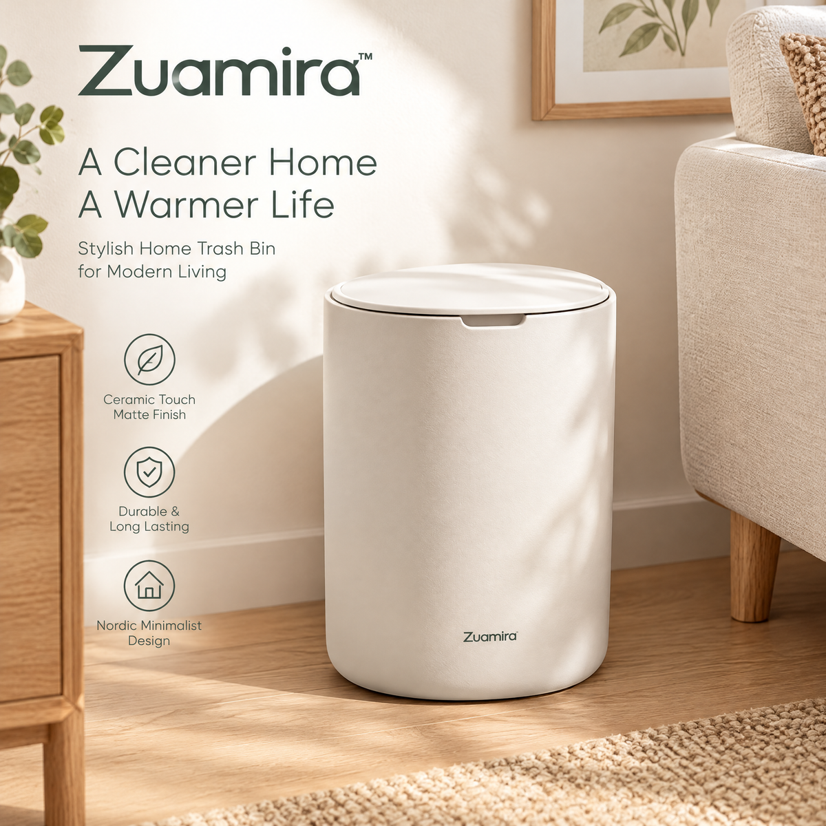 Zuqmira™ Nordic Minimalist Trash Can with Lid – Ceramic-Touch Matte Wastebasket for Bedroom, Living Room &amp; Home Office
