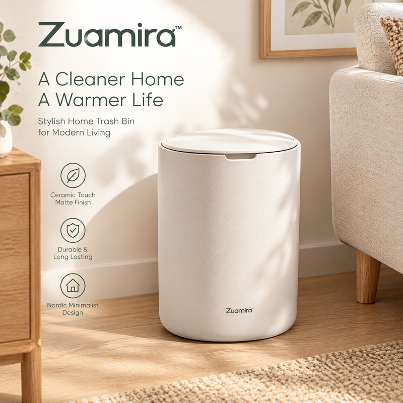 Zuqmira™ Nordic Minimalist Trash Can with Lid – Ceramic-Touch Matte Wastebasket for Bedroom, Living Room &amp; Home Office