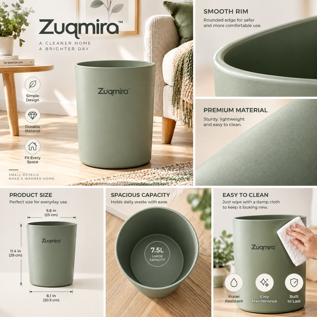 Zuqmira™ Modern Small Trash Can – Minimalist Matte Sage Green Open-Top Wastebasket for Bathroom, Bedroom, Living Room, and Home Office