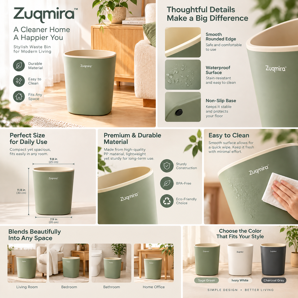Zuqmira™ Stylish Modern Waste Bin - Minimalist Open-Top Trash Can for Home, Bedroom &amp; Office