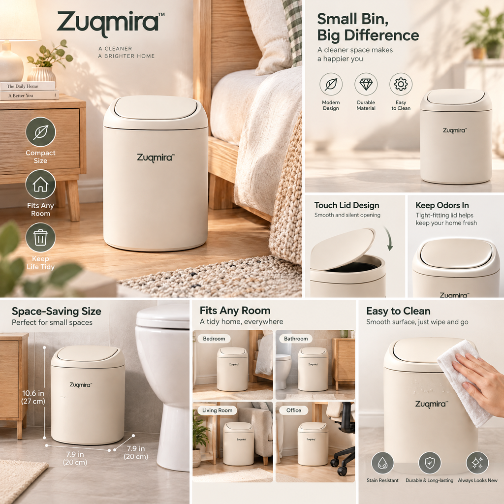 Zuqmira™ Modern Trash Can with Soft-Close Lid – Stylish Minimalist Waste Bin for Living Room, Bedroom &amp; Office (Sage Green &amp; Cream)