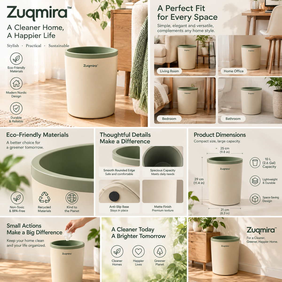 Zuqmira™ Modern Nordic Trash Can – Minimalist Round Wastebasket for Bathroom, Bedroom, Living Room &amp; Home Office (Cream &amp; Sage Green)