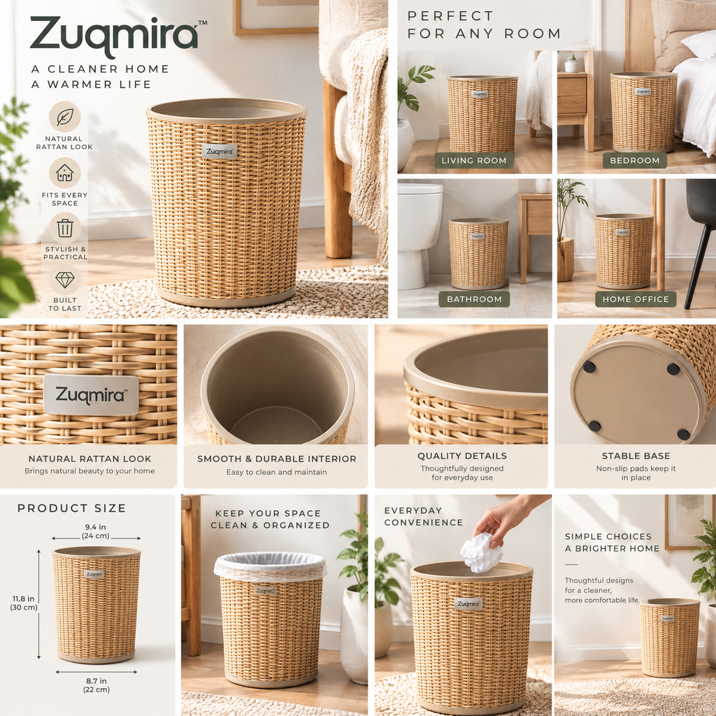Zuqmira™ Round Woven Trash Can – Decorative Natural Rattan-Style Wastebasket for Living Room, Bedroom, Bathroom &amp; Office