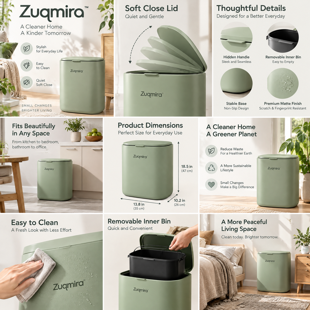 Zuqmira™ Soft-Close Trash Can – Modern Matte Sage Green Waste Bin with Silent Lid for Bedroom, Living Room, Bathroom &amp; Home Office