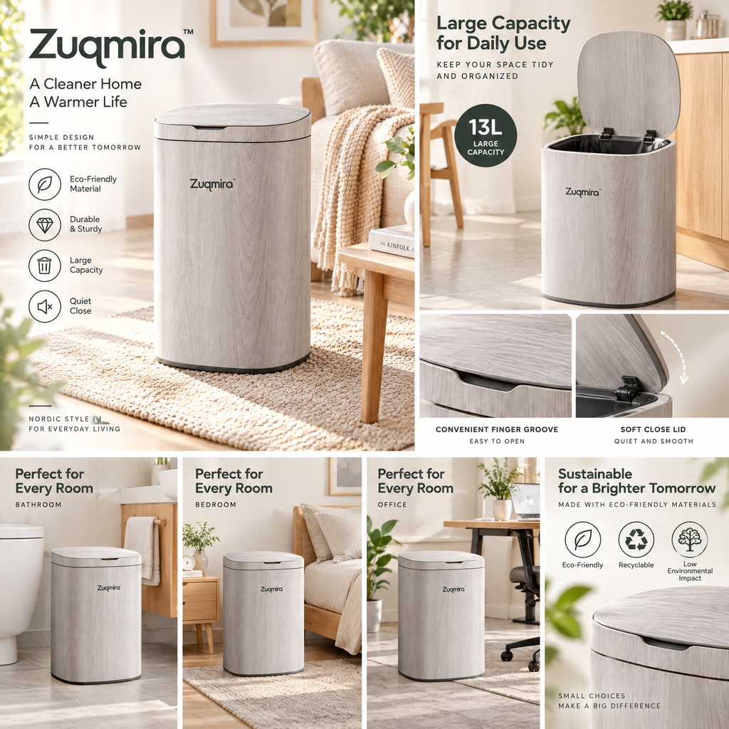 Zuqmira™ Modern Wood Grain Trash Can with Soft-Close Lid – Nordic Minimalist Large Capacity Garbage Can for Living Room, Bedroom &amp; Office
