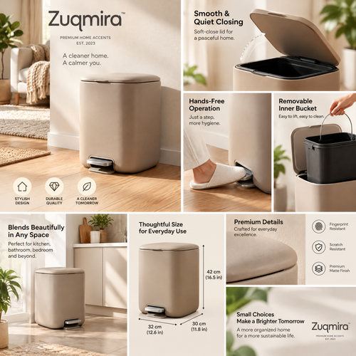 Zuqmira™ 2.6-Gallon (10L) Matte Soft-Close Step Trash Can with Foot Pedal – Odor-Control Modern Small Garbage Bin for Bathroom, Living Room &amp; Home Office (Warm Taupe)