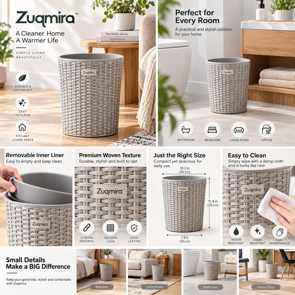 Zuqmira™ Modern Woven Style Plastic Wastebasket – Lightweight &amp; Easy-to-Clean Trash Can for Bathroom, Bedroom, and Home Office (Grey)