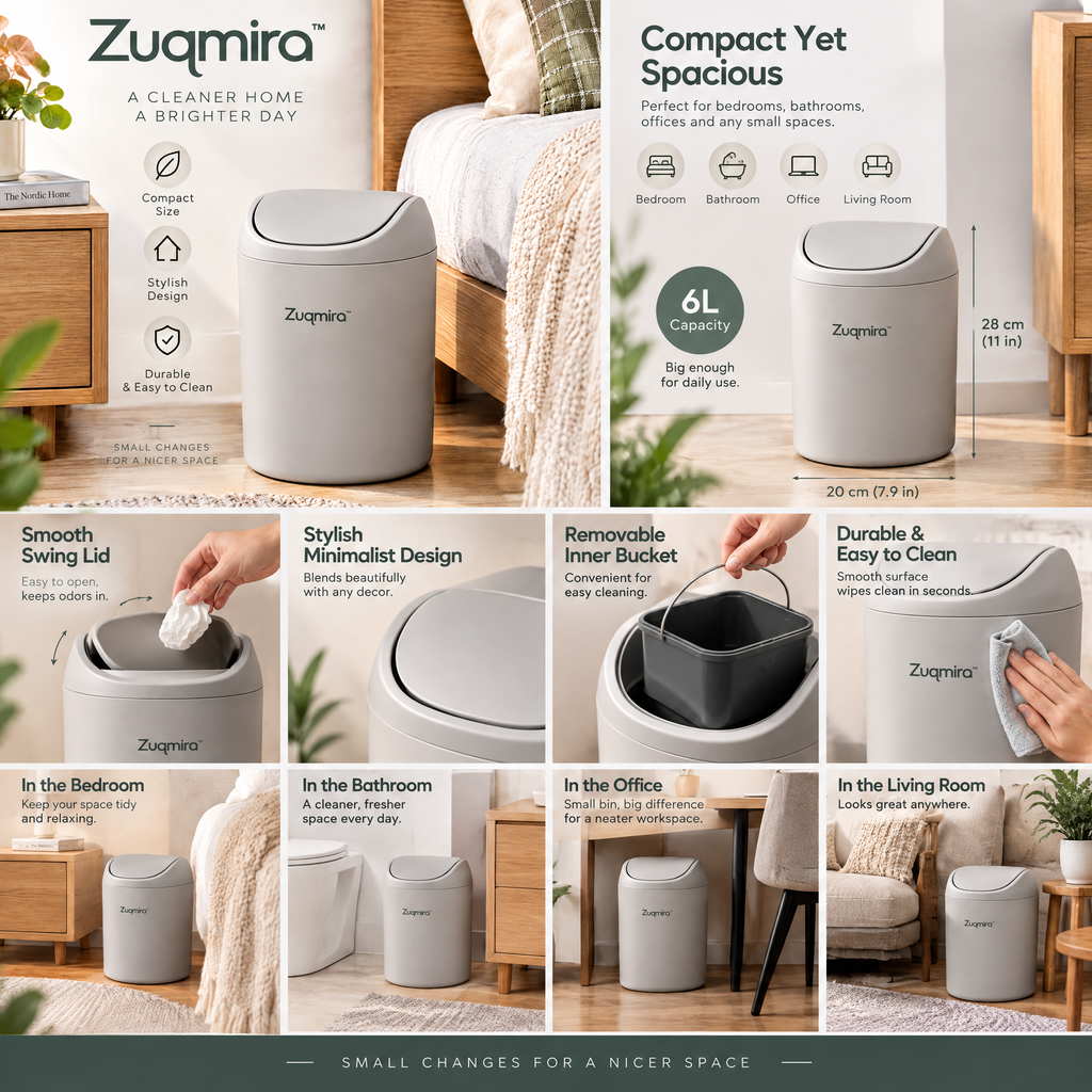Zuqmira™ Compact Swing-Top Trash Can – Modern Small Wastebasket for Bedroom, Bathroom, Office &amp; Beside Nightstand (Matte Grey)