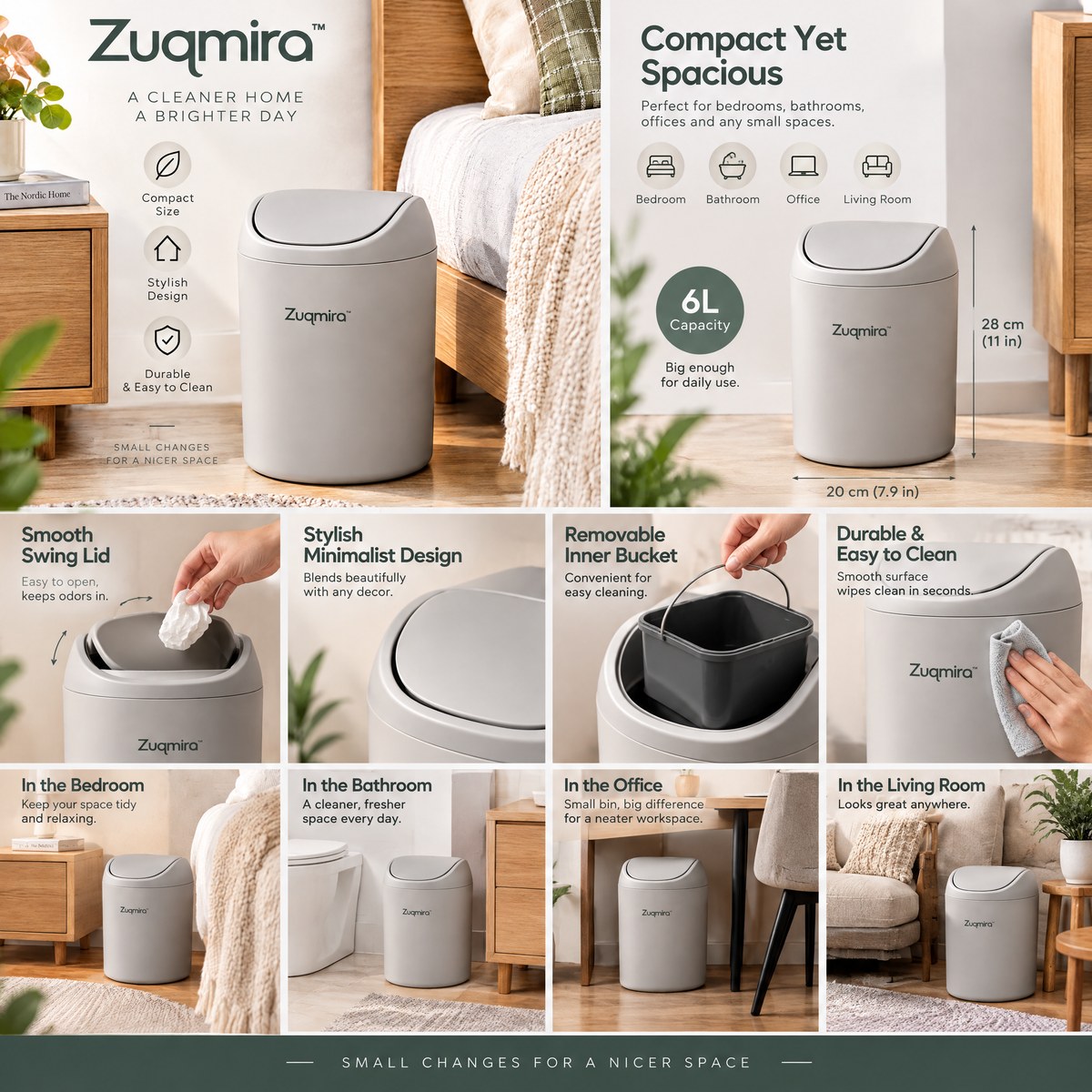 Zuqmira™ Compact Swing-Top Trash Can – Modern Small Wastebasket for Bedroom, Bathroom, Office &amp; Beside Nightstand (Matte Grey)