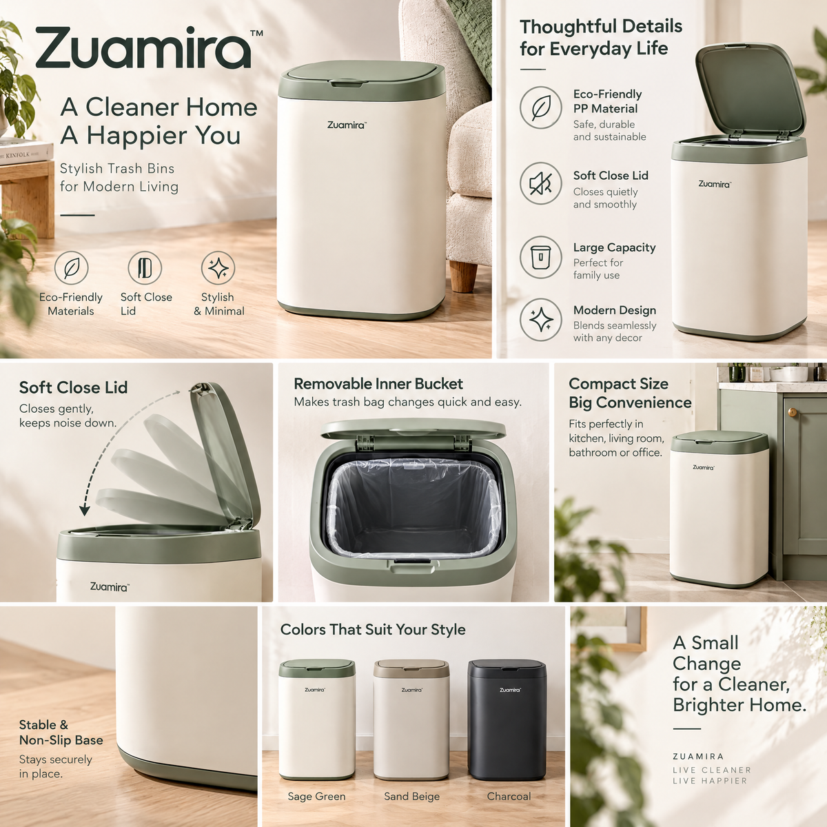Zuqmira™  Modern Trash Can with Soft-Close Lid – Stylish Minimalist Waste Bin for Living Room, Bedroom &amp; Office (Sage Green &amp; Cream)