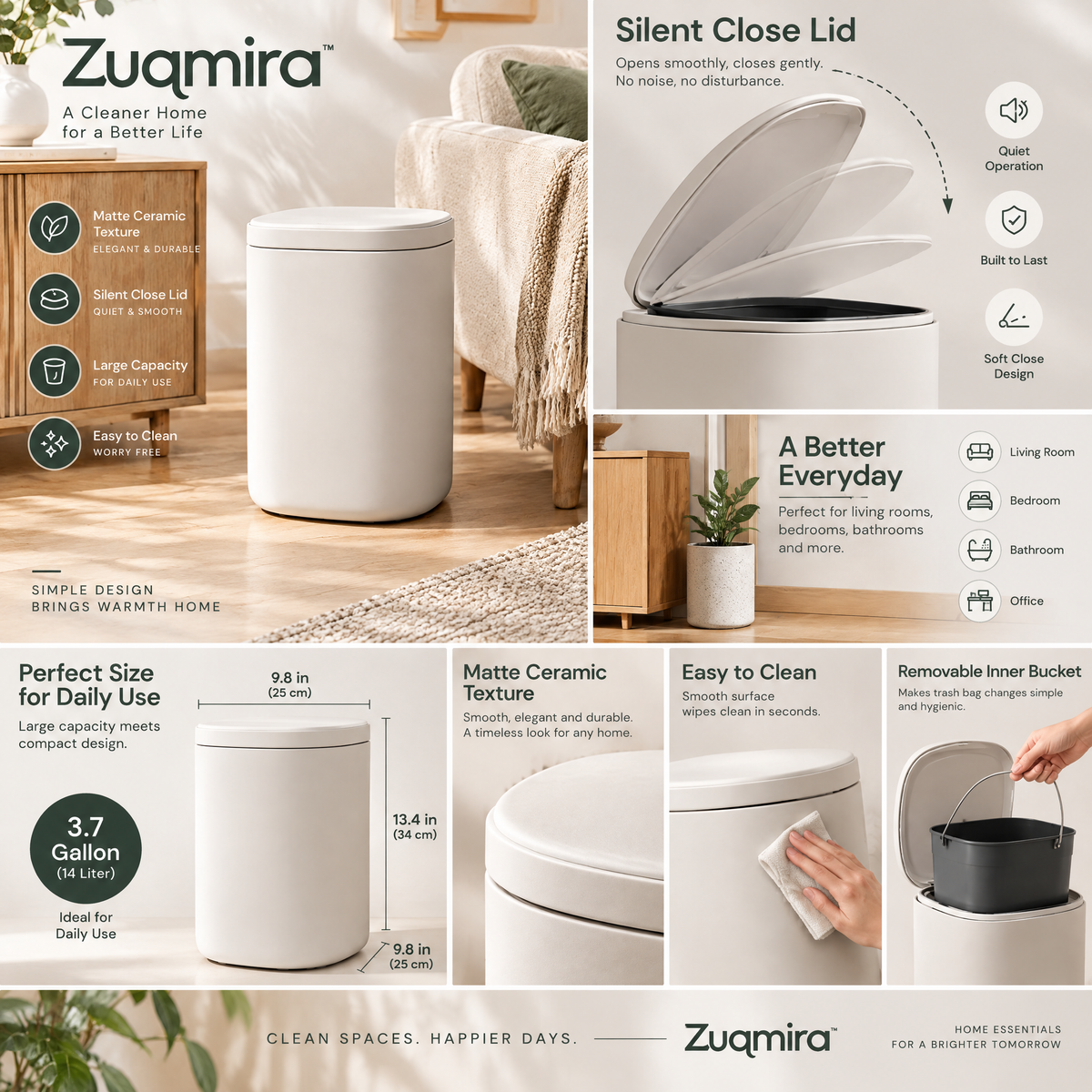 Zuqmira™ Modern Trash Can with Silent-Close Lid, Matte Texture Large Capacity Waste Basket for Living Room, Bedroom &amp; Office
