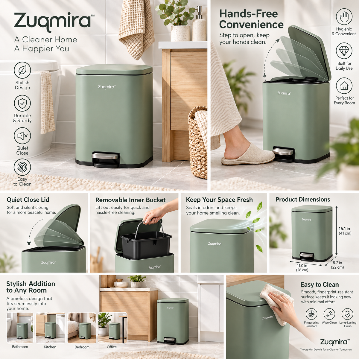 Zuqmira™ Small Step Trash Can with Soft-Close Lid, Matte Sage Green Rectangular Wastebasket with Foot Pedal for Bathroom, Bedroom, and Office