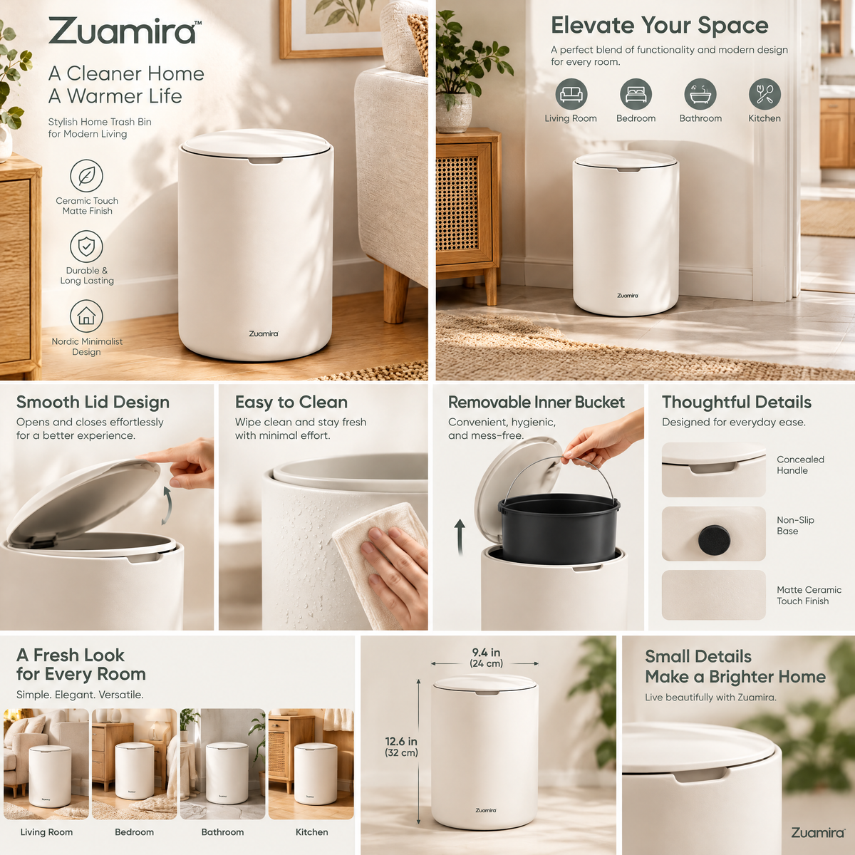 Zuqmira™ Nordic Minimalist Trash Can with Lid – Ceramic-Touch Matte Wastebasket for Bedroom, Living Room &amp; Home Office