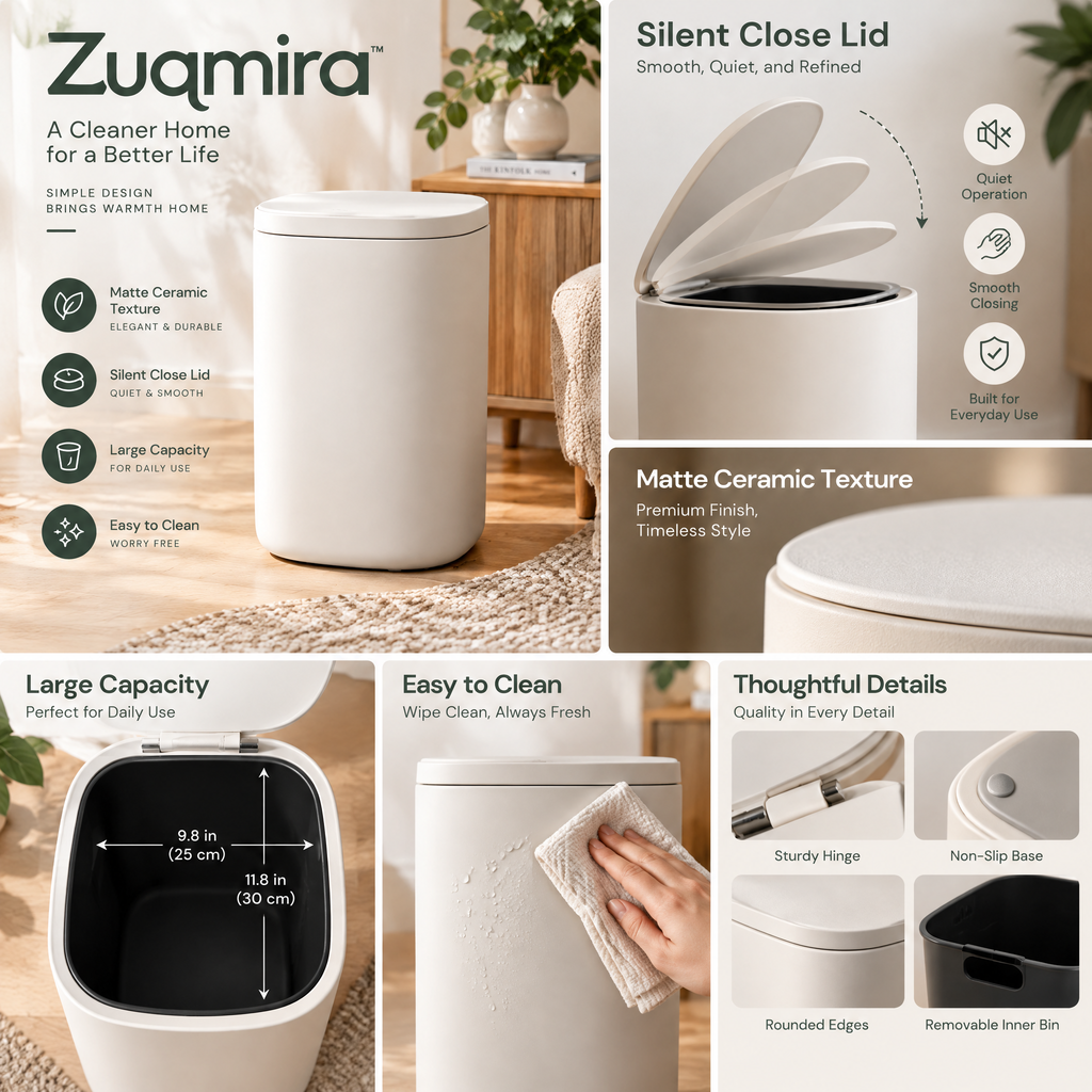 Zuqmira™ Modern Trash Can with Silent-Close Lid, Matte Texture Large Capacity Waste Basket for Living Room, Bedroom &amp; Office