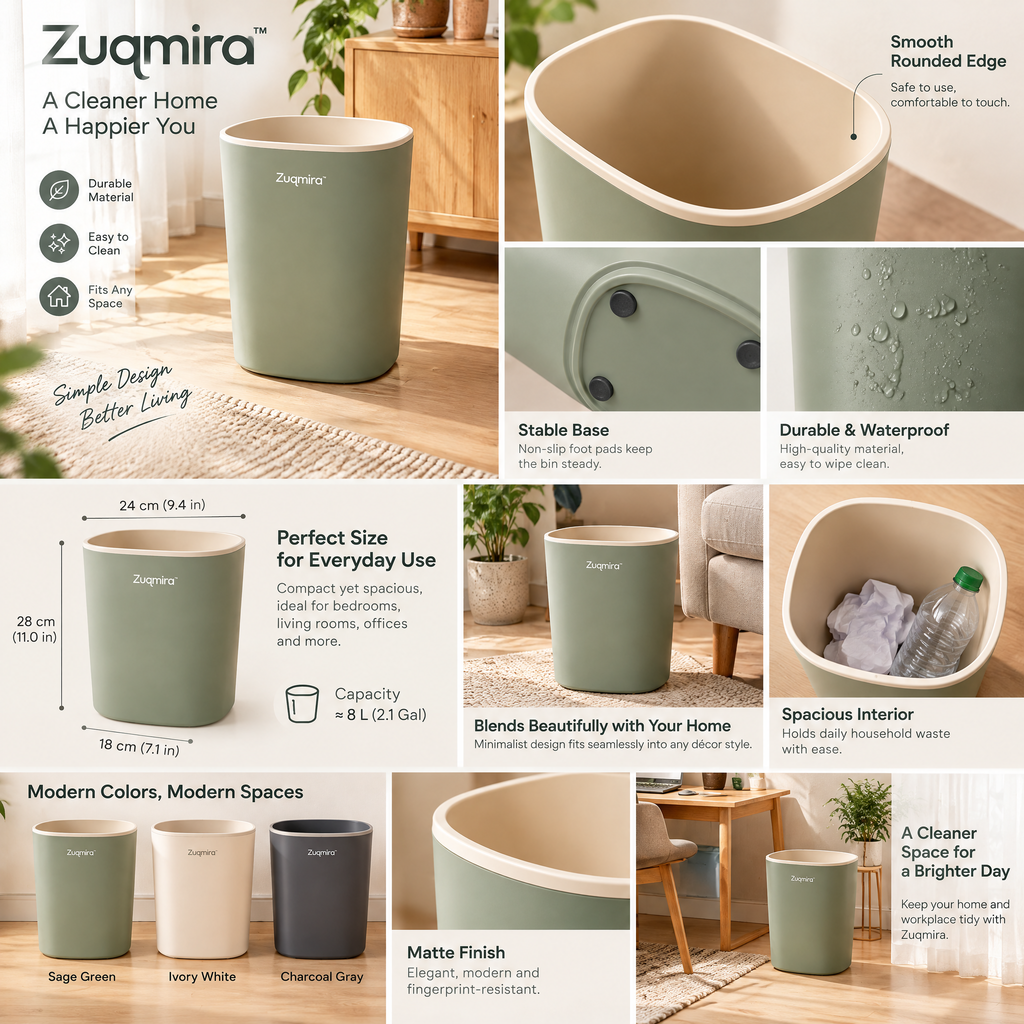 Zuqmira™ Stylish Modern Waste Bin - Minimalist Open-Top Trash Can for Home, Bedroom &amp; Office