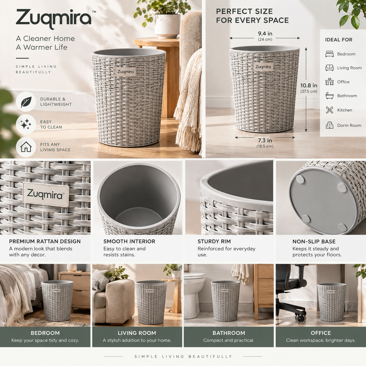 Zuqmira™ Modern Woven Style Plastic Wastebasket – Lightweight &amp; Easy-to-Clean Trash Can for Bathroom, Bedroom, and Home Office (Grey)