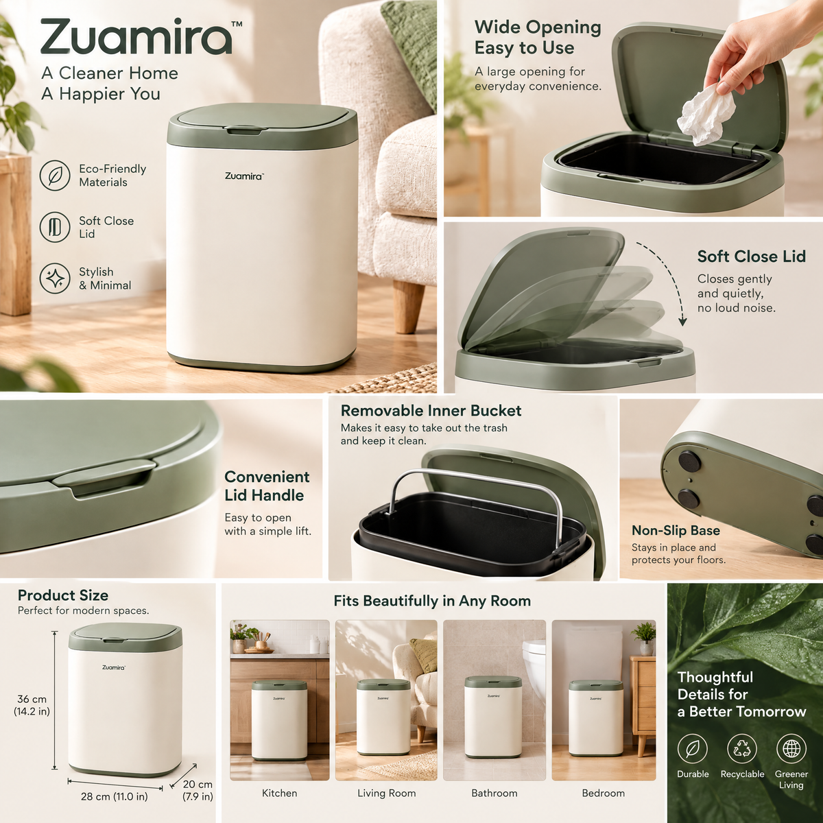 Zuqmira™  Modern Trash Can with Soft-Close Lid – Stylish Minimalist Waste Bin for Living Room, Bedroom &amp; Office (Sage Green &amp; Cream)