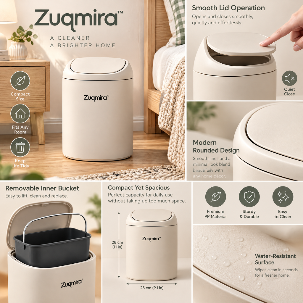 Zuqmira™ Modern Trash Can with Soft-Close Lid – Stylish Minimalist Waste Bin for Living Room, Bedroom &amp; Office (Sage Green &amp; Cream)