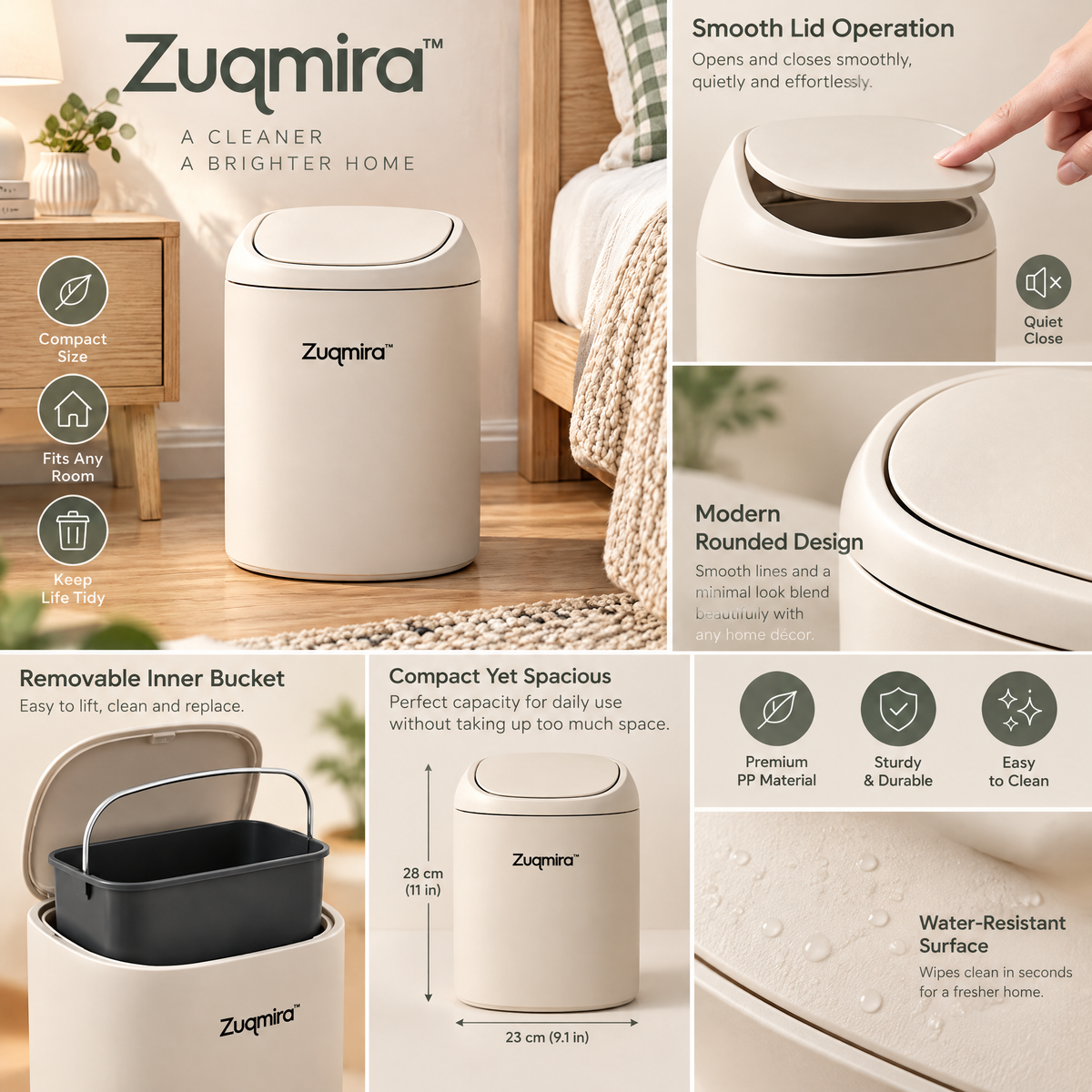 Zuqmira™ Modern Trash Can with Soft-Close Lid – Stylish Minimalist Waste Bin for Living Room, Bedroom &amp; Office (Sage Green &amp; Cream)