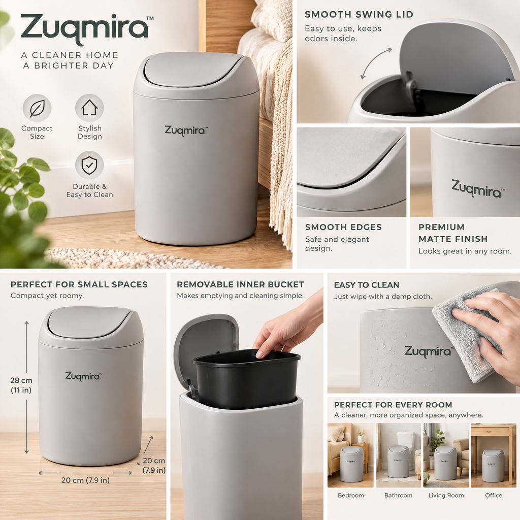 Zuqmira™ Compact Swing-Top Trash Can – Modern Small Wastebasket for Bedroom, Bathroom, Office &amp; Beside Nightstand (Matte Grey)