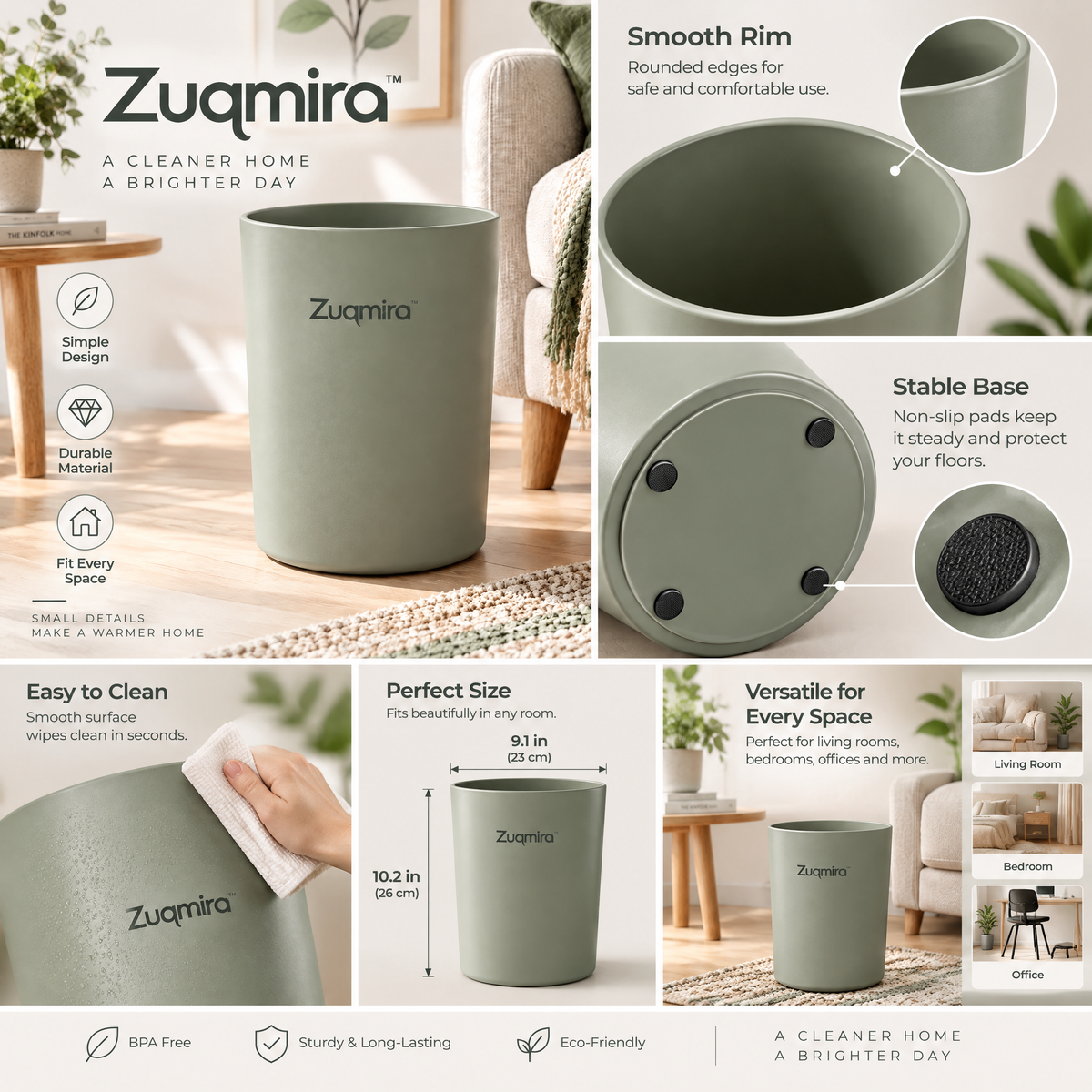 Zuqmira™ Modern Small Trash Can – Minimalist Matte Sage Green Open-Top Wastebasket for Bathroom, Bedroom, Living Room, and Home Office
