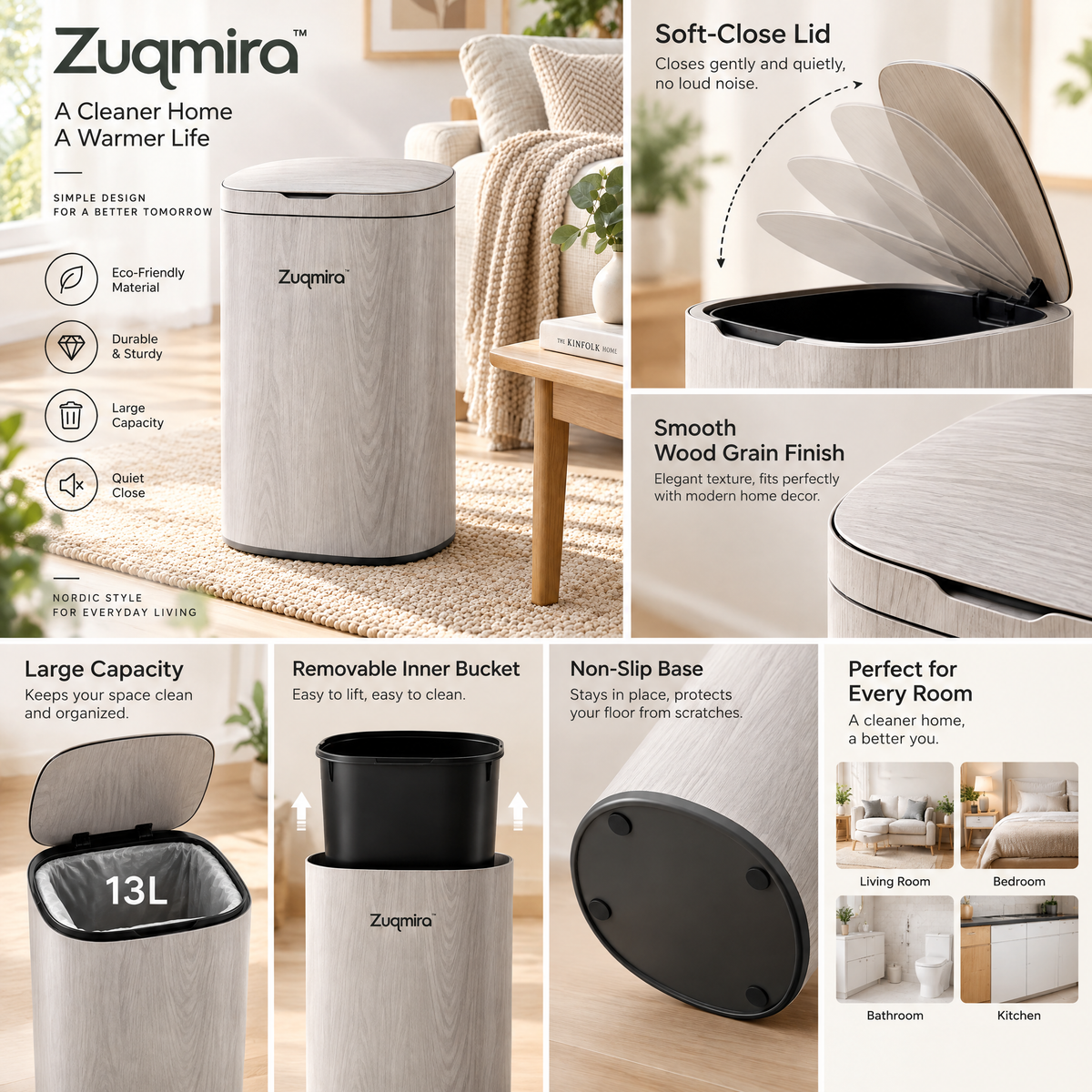 Zuqmira™ Modern Wood Grain Trash Can with Soft-Close Lid – Nordic Minimalist Large Capacity Garbage Can for Living Room, Bedroom &amp; Office