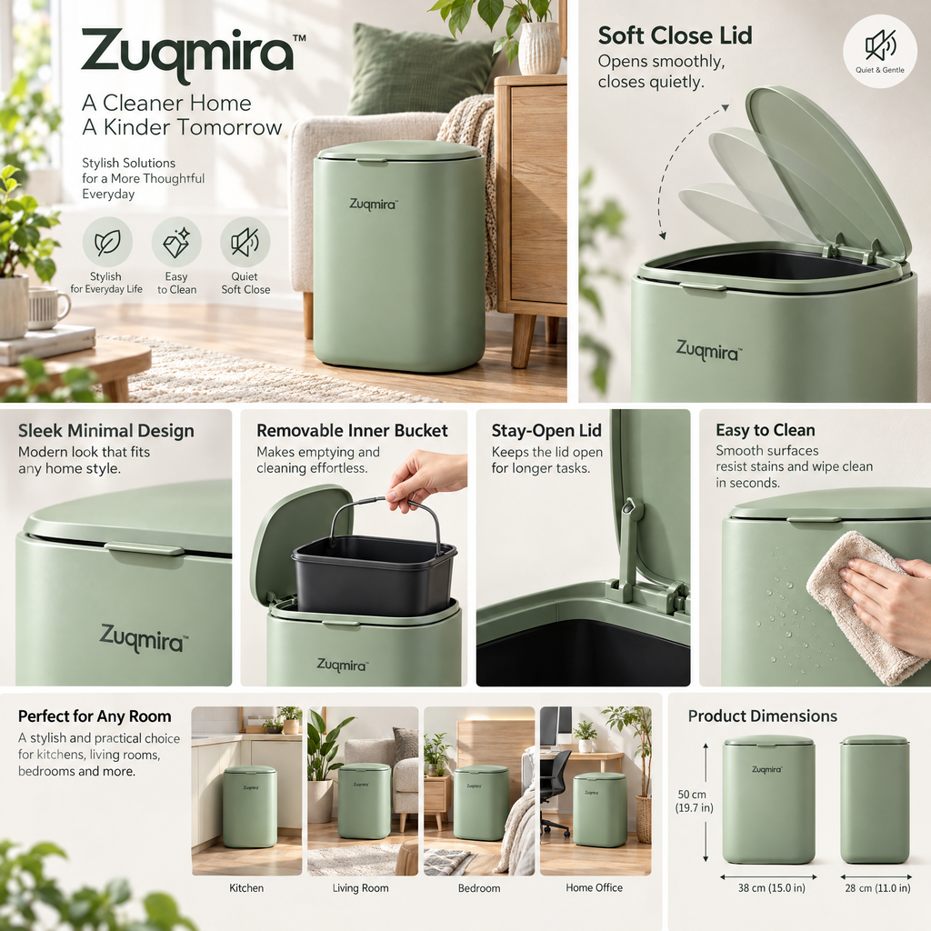 Zuqmira™ Soft-Close Trash Can – Modern Matte Sage Green Waste Bin with Silent Lid for Bedroom, Living Room, Bathroom &amp; Home Office
