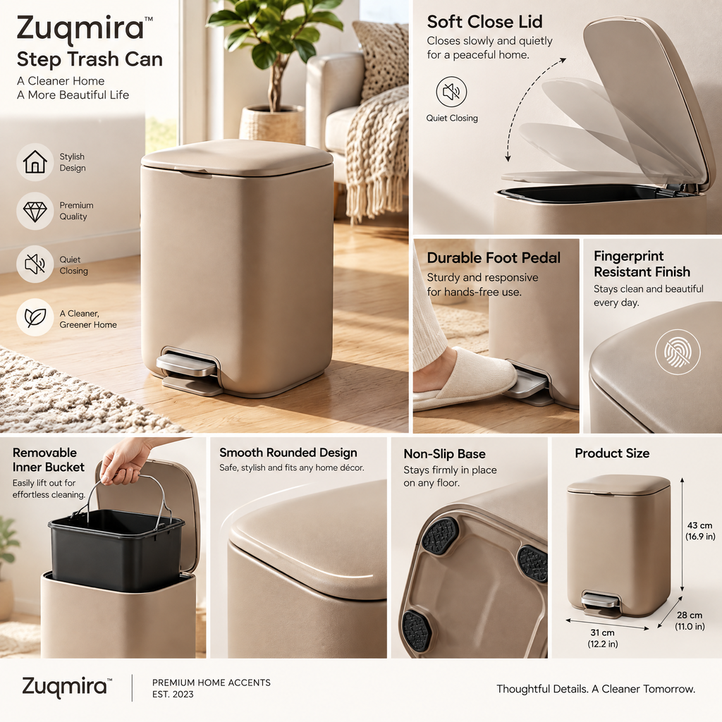 Zuqmira™ 2.6-Gallon (10L) Matte Soft-Close Step Trash Can with Foot Pedal – Odor-Control Modern Small Garbage Bin for Bathroom, Living Room &amp; Home Office (Warm Taupe)