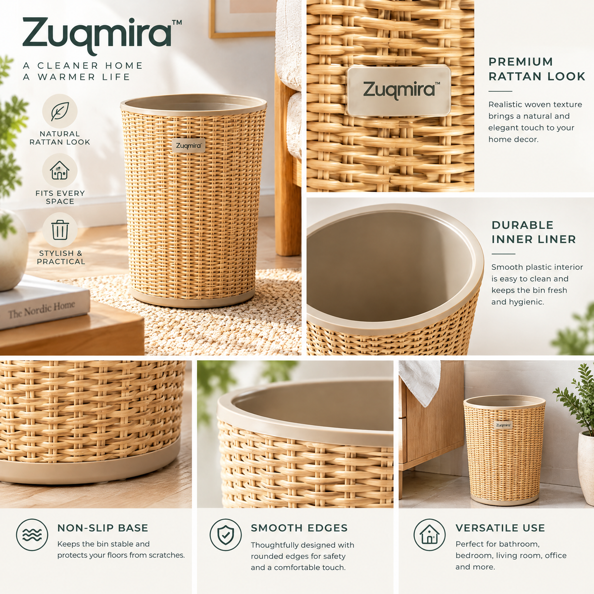 Zuqmira™ Round Woven Trash Can – Decorative Natural Rattan-Style Wastebasket for Living Room, Bedroom, Bathroom &amp; Office