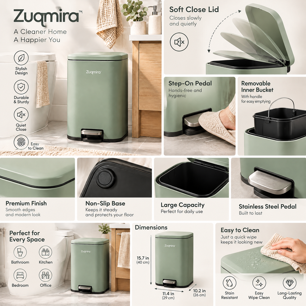 Zuqmira™ Small Step Trash Can with Soft-Close Lid, Matte Sage Green Rectangular Wastebasket with Foot Pedal for Bathroom, Bedroom, and Office