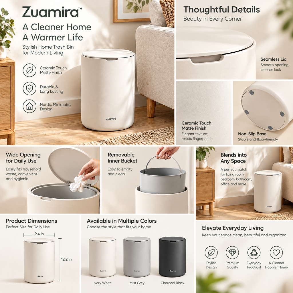 Zuqmira™ Nordic Minimalist Trash Can with Lid – Ceramic-Touch Matte Wastebasket for Bedroom, Living Room &amp; Home Office
