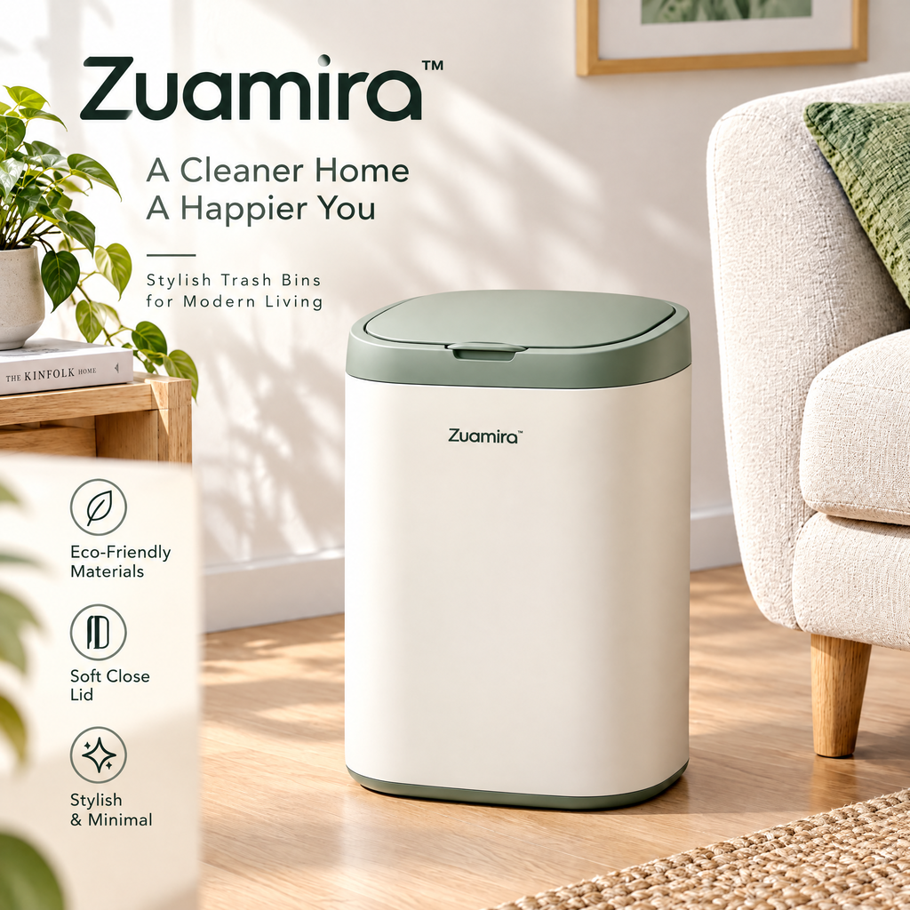 Zuqmira™  Modern Trash Can with Soft-Close Lid – Stylish Minimalist Waste Bin for Living Room, Bedroom &amp; Office (Sage Green &amp; Cream)