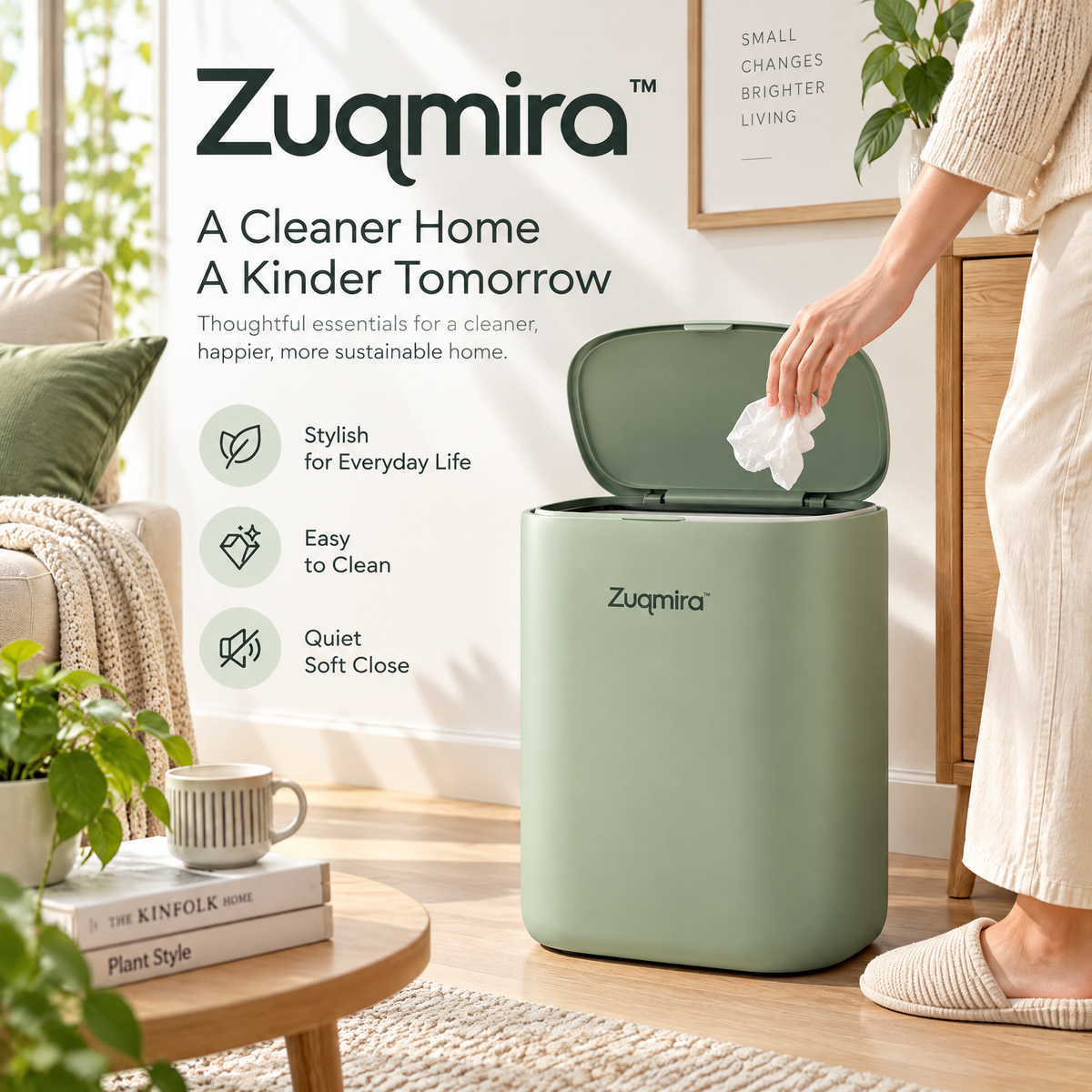 Zuqmira™ Soft-Close Trash Can – Modern Matte Sage Green Waste Bin with Silent Lid for Bedroom, Living Room, Bathroom &amp; Home Office
