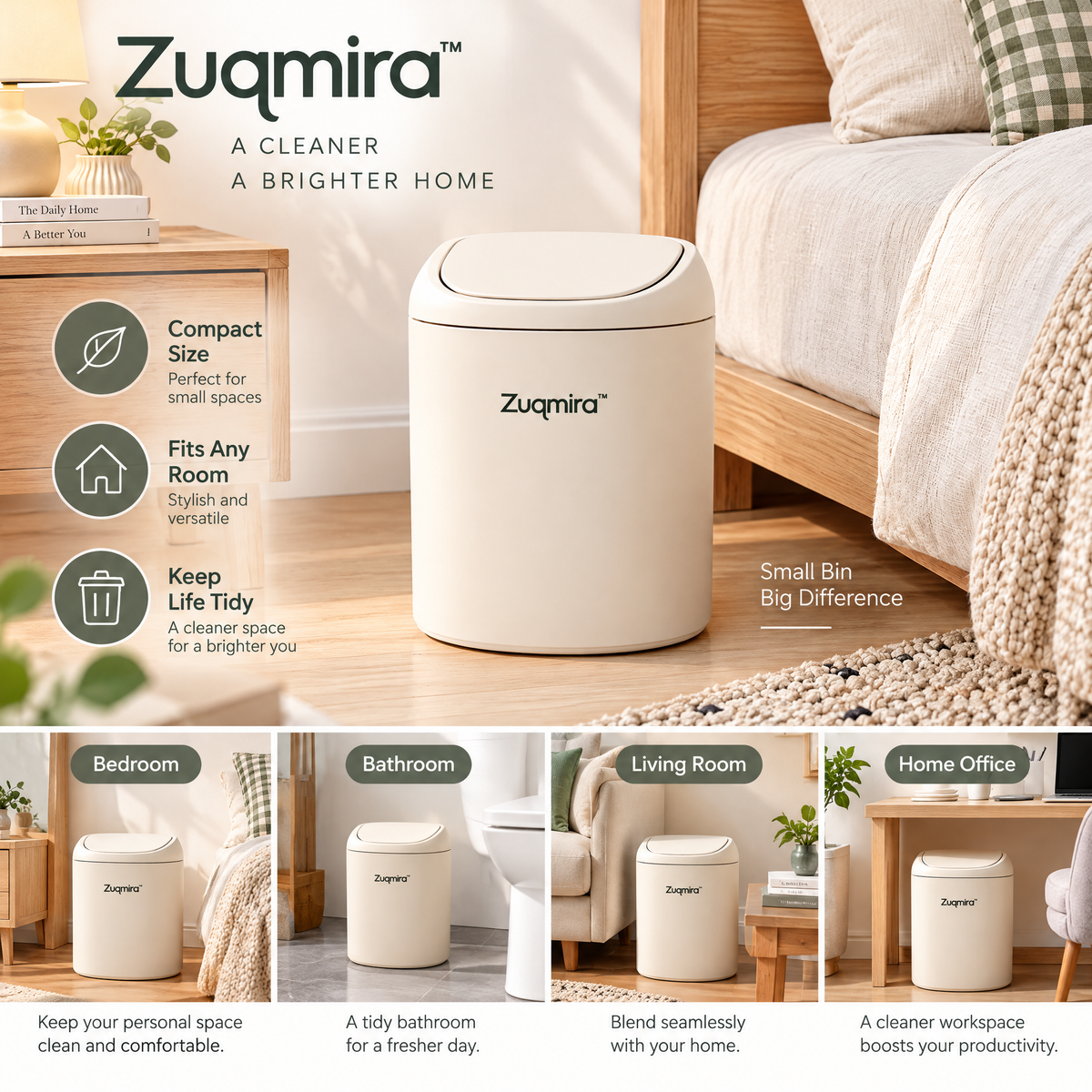 Zuqmira™ Modern Trash Can with Soft-Close Lid – Stylish Minimalist Waste Bin for Living Room, Bedroom &amp; Office (Sage Green &amp; Cream)